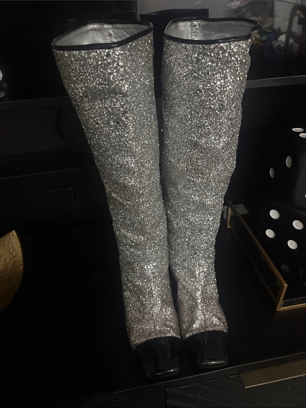 CHANEL AW 2017 Iconic Silver Glitter Black Patent Leather Boot